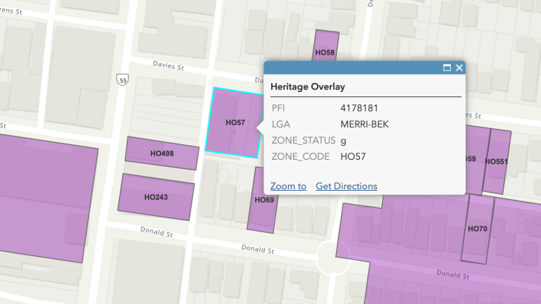 A map of properties with a popup showing the attributes of the selected feature