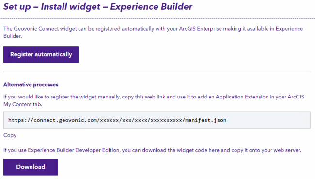 GVC SP Add Widget A screenshot of the Install Widget page in the Geovonic Connect admin console
