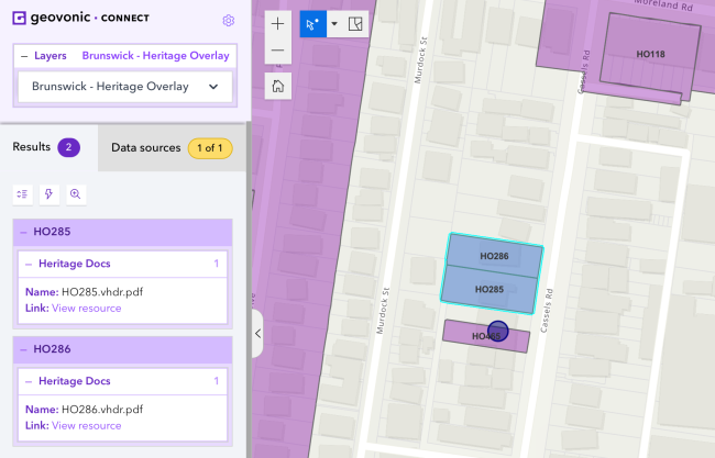 GVC SP Widget In Use Screenshot showing the Geovonic Connect widget with two properties selected