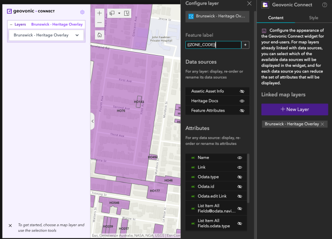 GVC SP Widget Properties Screenshot of ArcGIS Experience Builder showing the Geovonic Connect properties panel